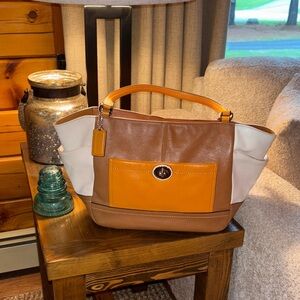 Coach Tri-Color Leather Tote in Brown, Tan & White